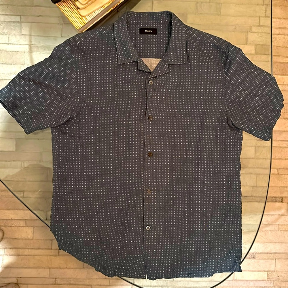 Theory - Men’s Linen Button Down Short Sleeve Shirt, Large, Blue